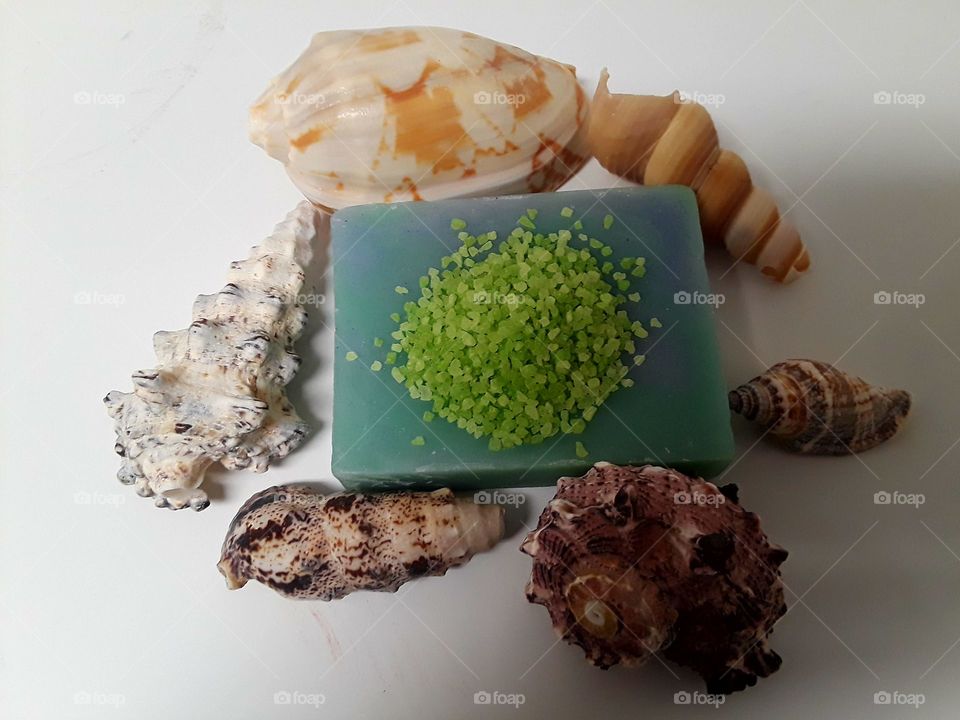 Sea Salt On Soap Surrounded By Shells