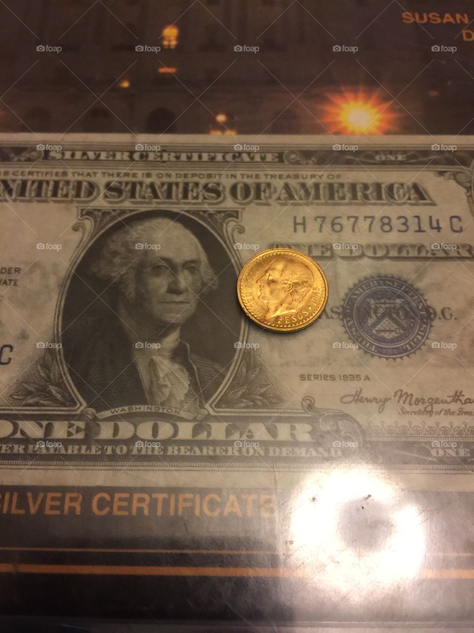 Silver certificate George Washington dollar and mexican 1945 2.5 dos y medios 