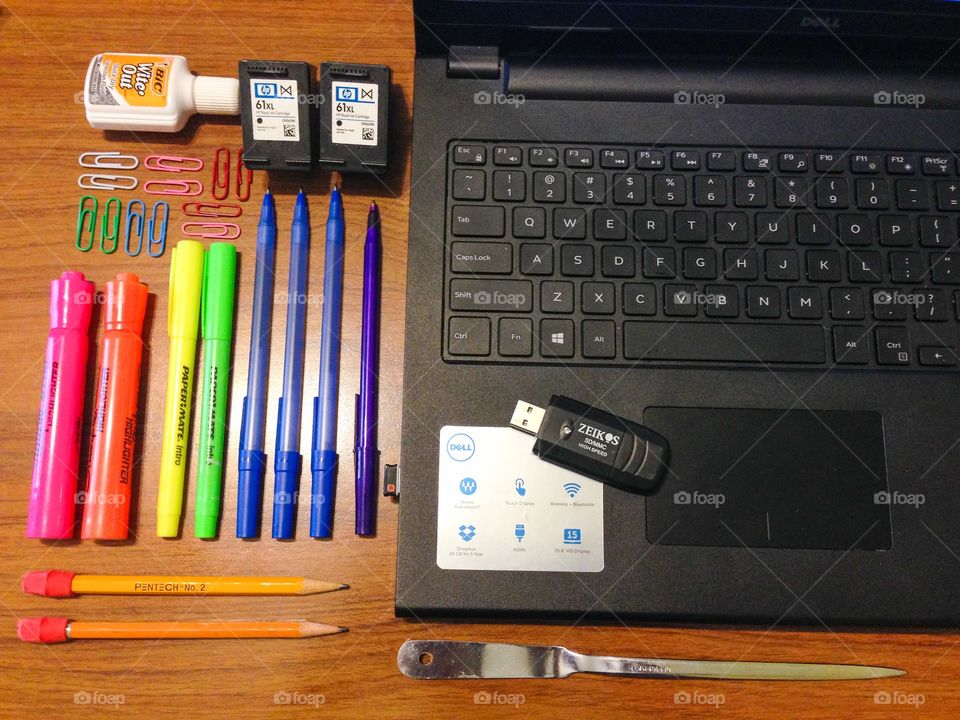 Top view of my office desk. View of an office desk