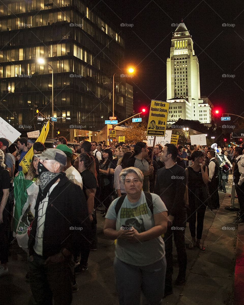 Anti trump protesters in downtown Los Angeles