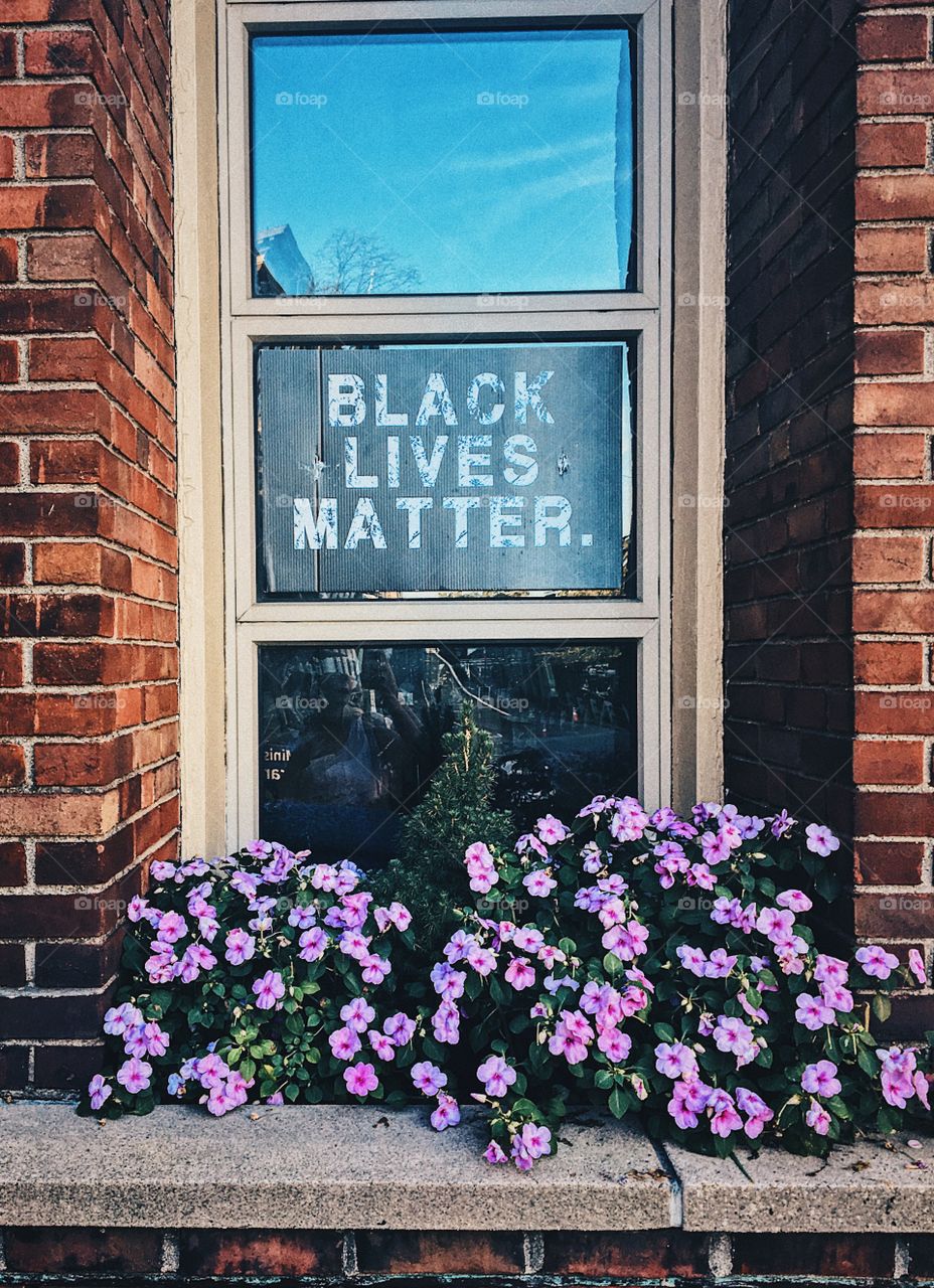 Black lives Matter overlooking a floral windowsill 
