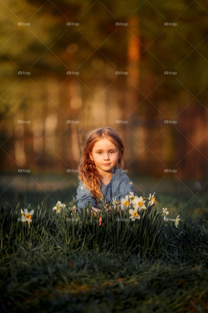 Little girl with narcissus at sunset