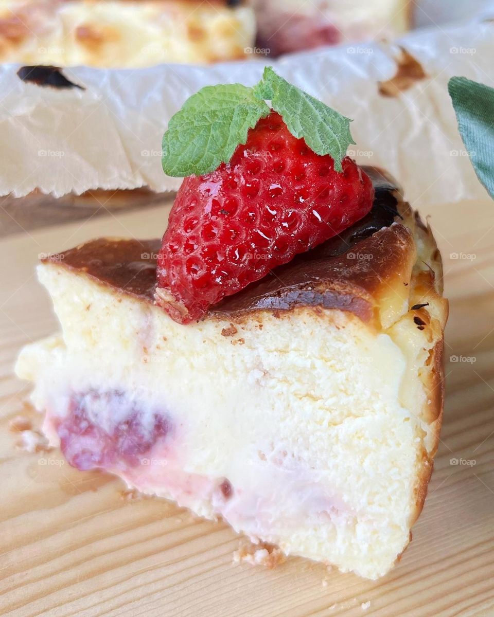 Apricot glazed strawberries basque burnt cheesecake 
