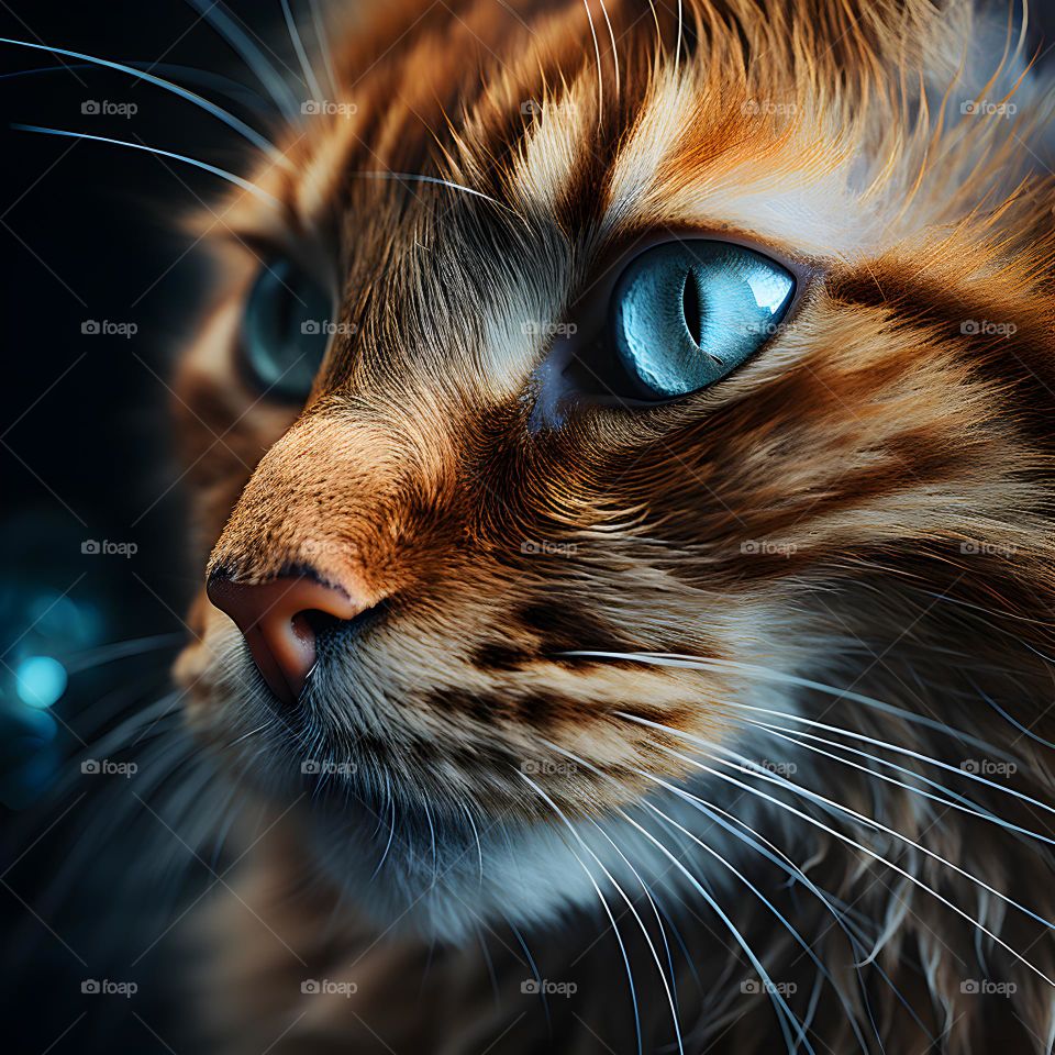 close up of a cat face with round eyes, in the style of vray tracing, photo-realistic techniques