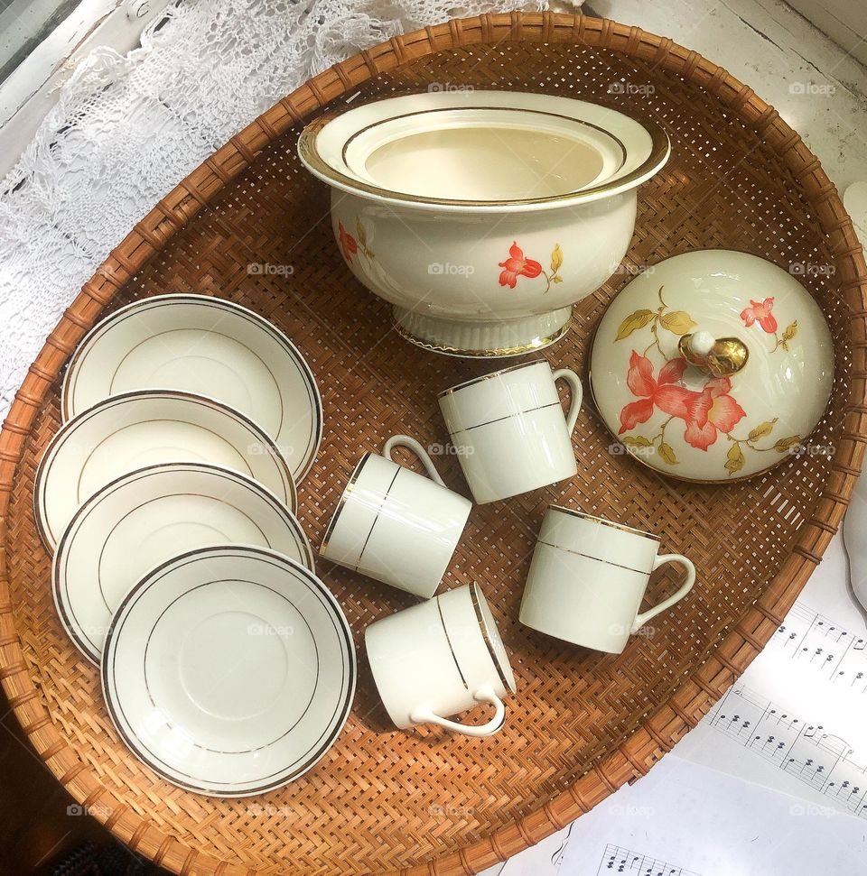 Antique crockery for coffee espresso - sugar bowl and coffee cups and saucers 