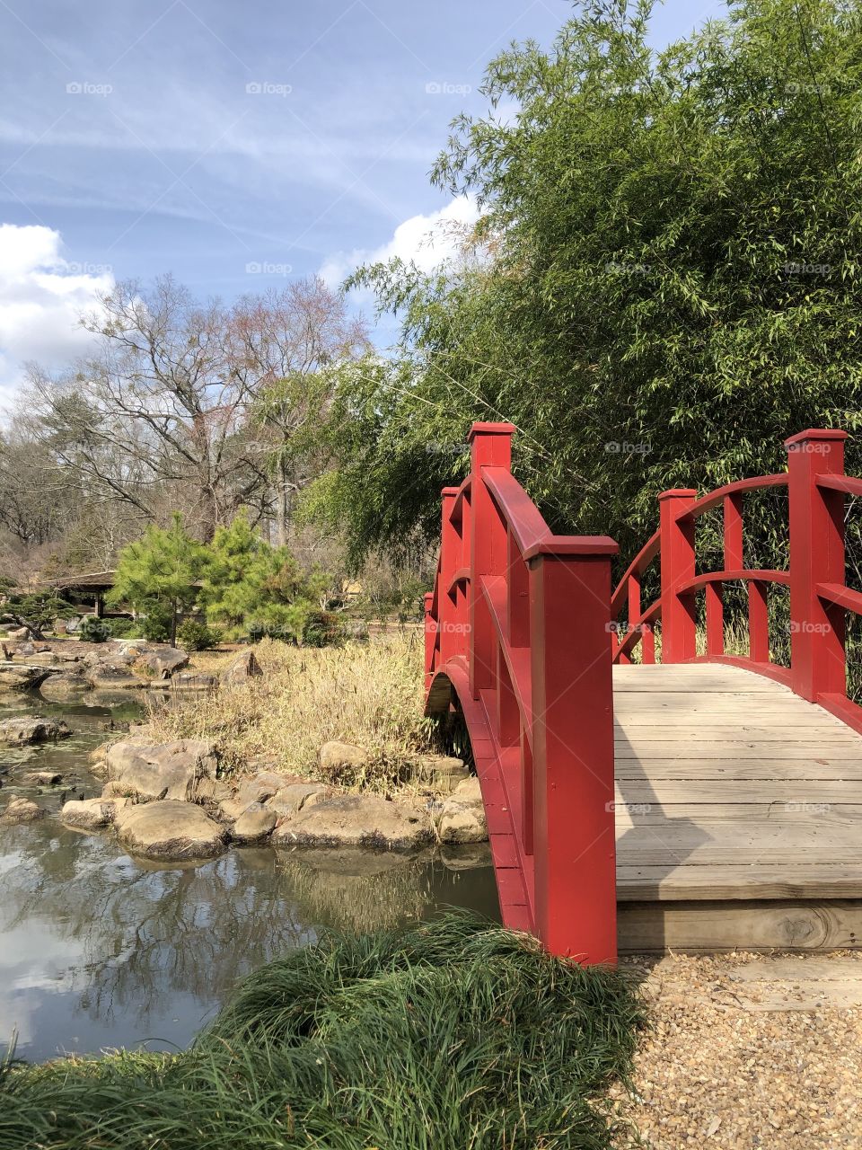 Red footbridge over water garden 