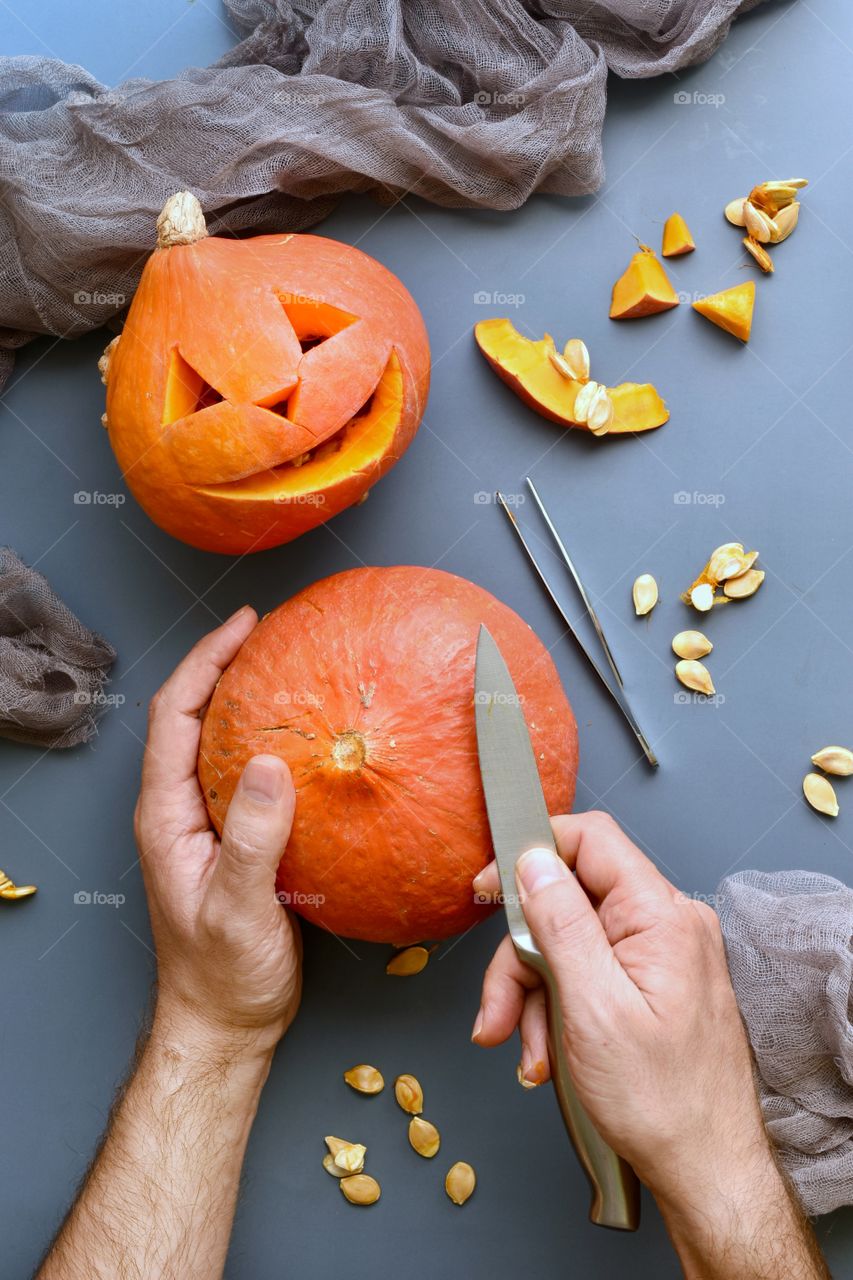 Carving pumpkins for Halloween 