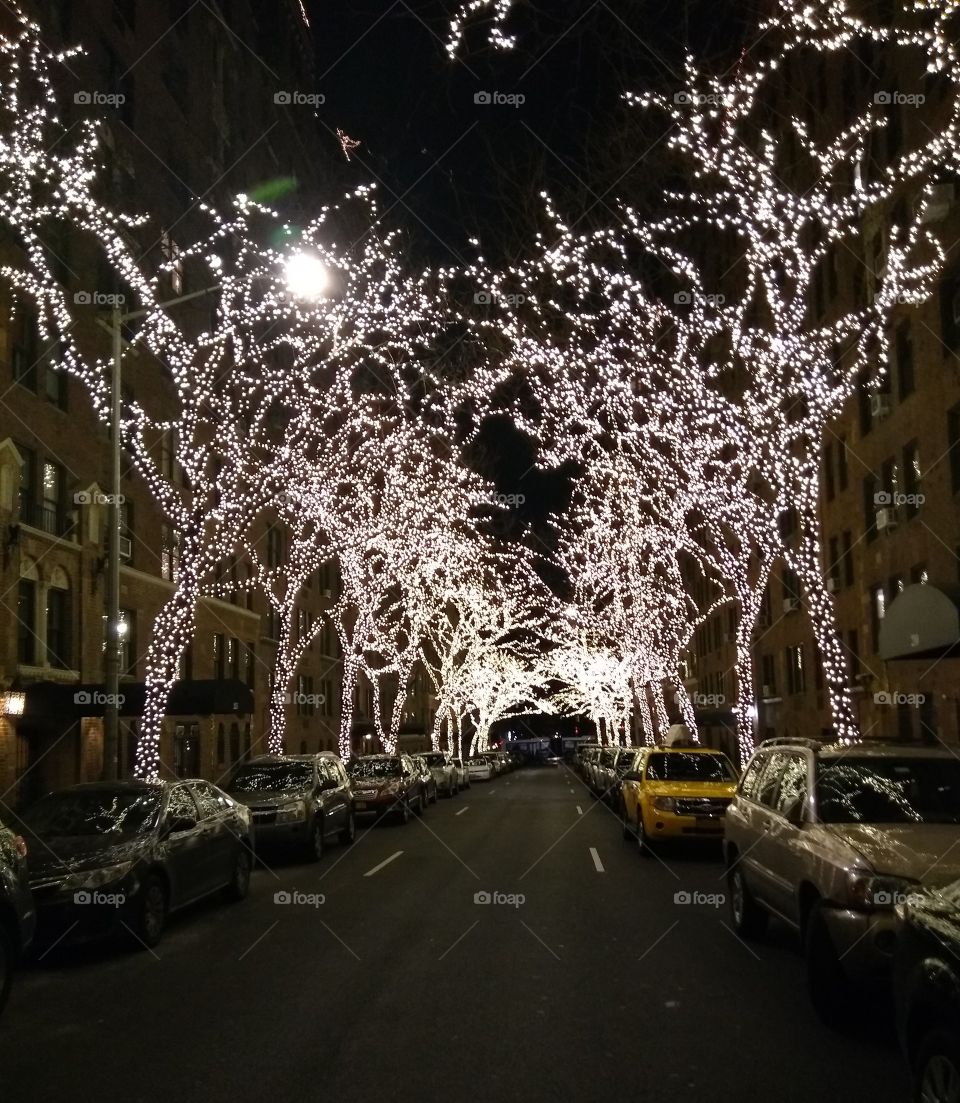 Street in NYC lit up in Lights