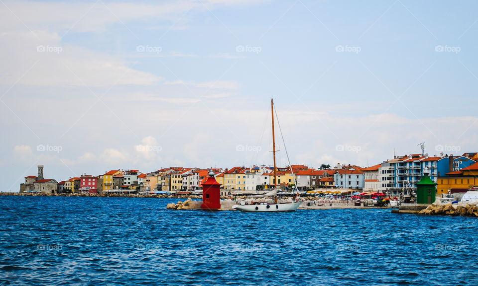 Piran city, Slovenian coast. Landscape of Piran city at Adriatic sea, Slovenian coastline, Europe