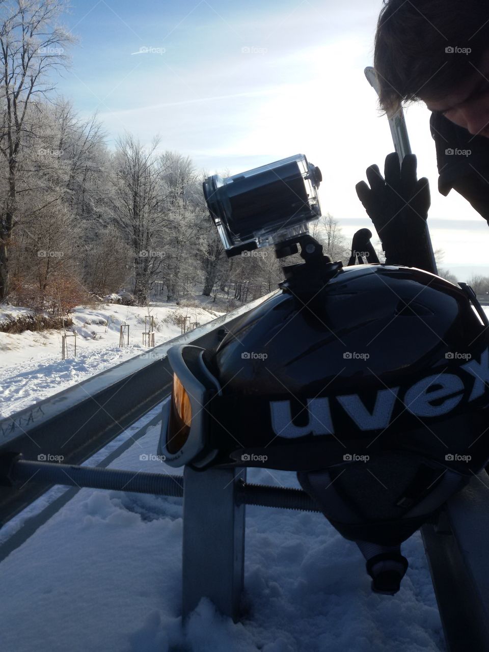 go pro camera on ski helmet, winter time