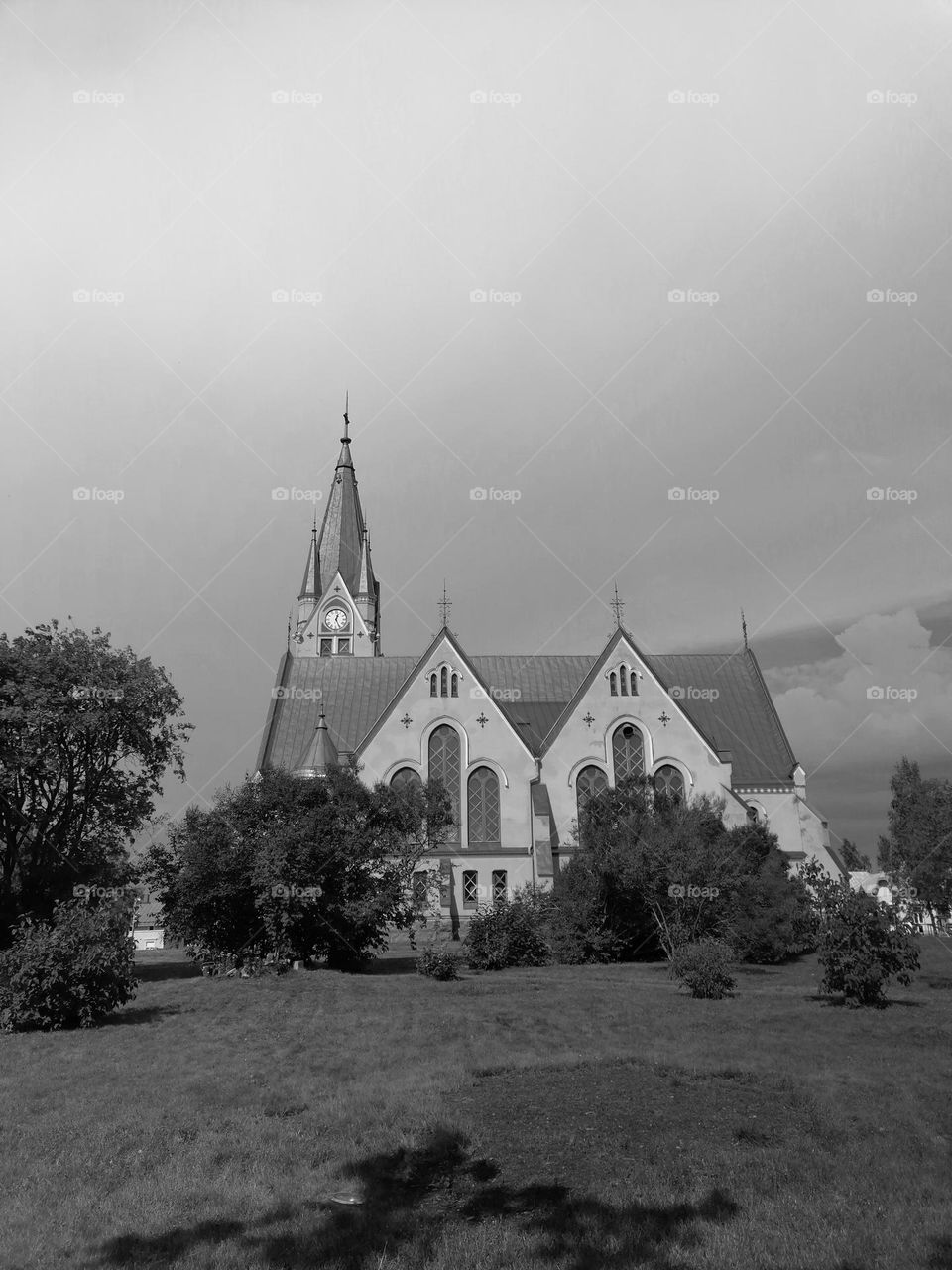 In Lapland, Finland, there is a pink gothic church in Kemi. In black and white, its architectural forms stand out wonderfully
