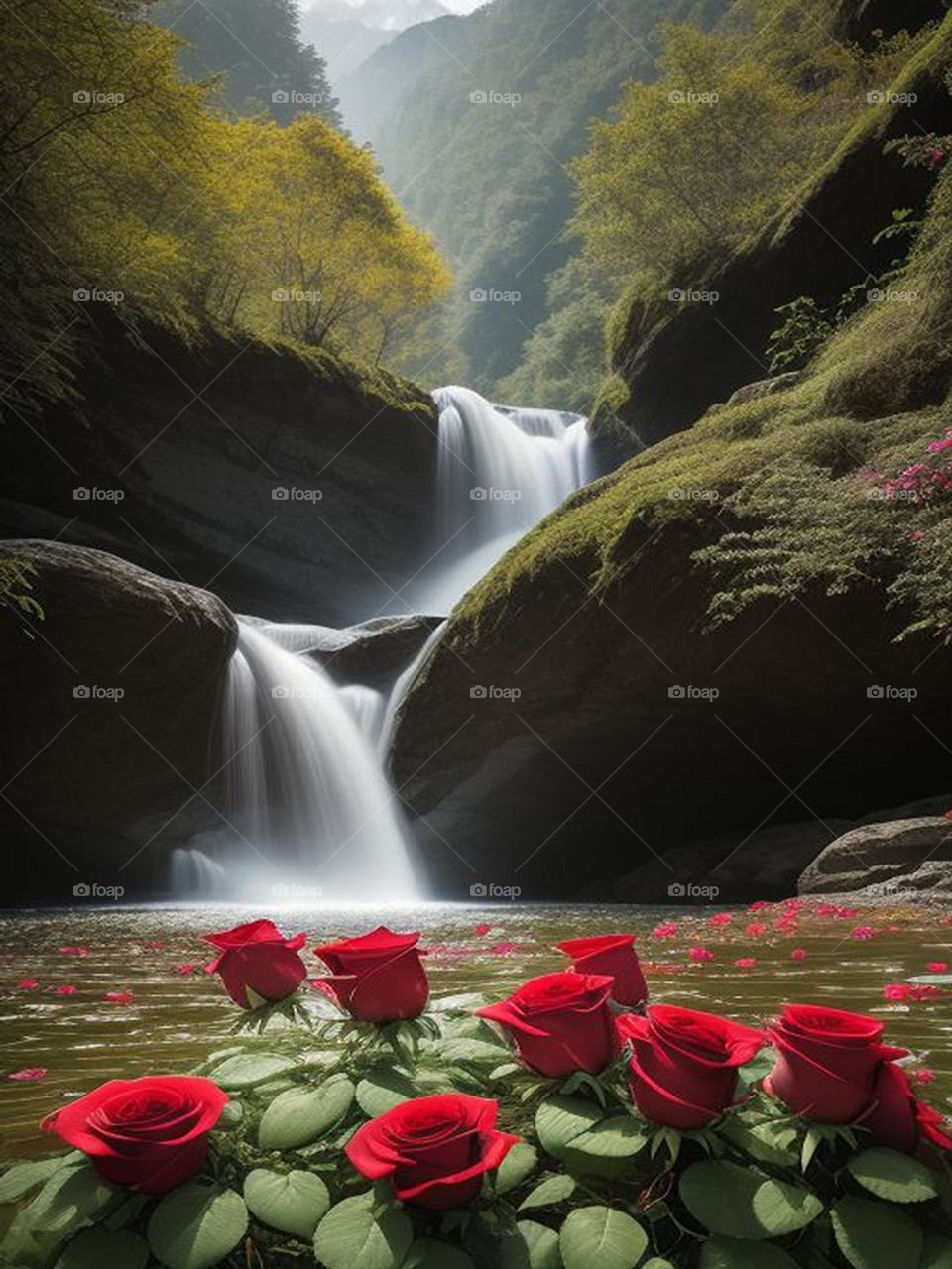 Beautiful red roses in the middle of the waterfall