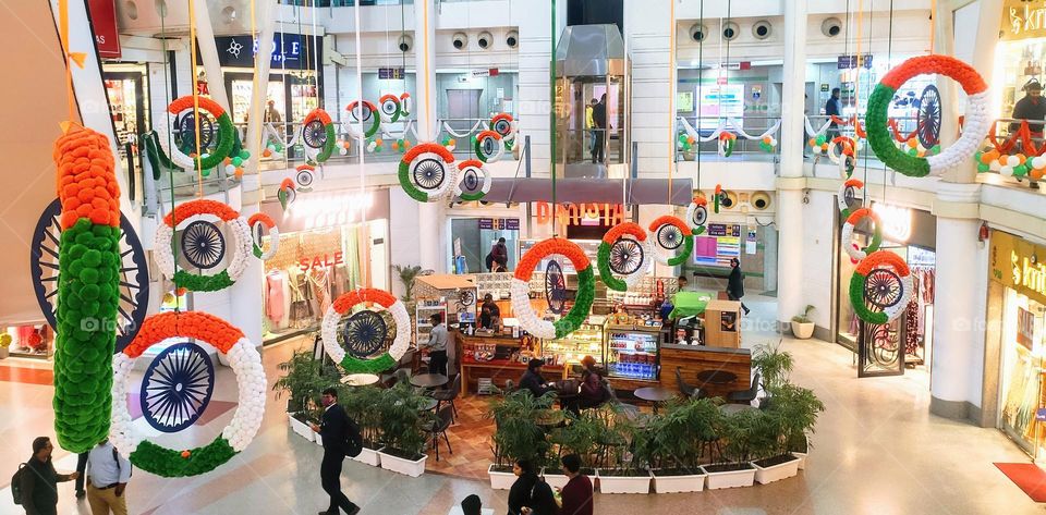 City centre mall decor in Gurgaon, Haryana. Love for India is hiked in every heart seeing this tri colour and charka magnifying the beauty of place. My country is my pride. Great work of art and decor.