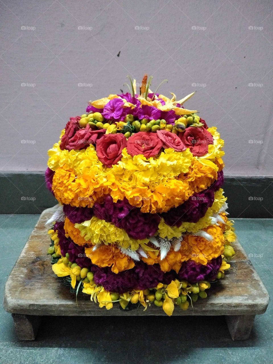 assorted flowers decoration for a bathukamma festival