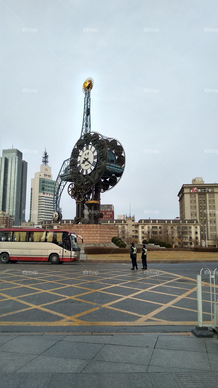 Time and Tide wait for none. Tianjin Railway Station, China. Big Watch