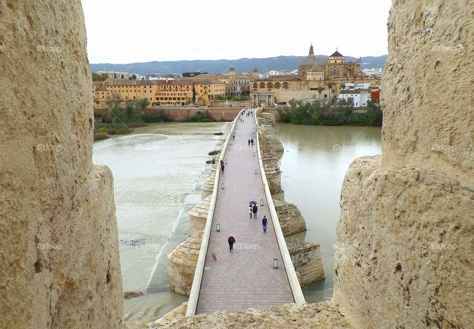 Roman Bridge and the old city of Cordoba view from La Calahorra Tower, Spain