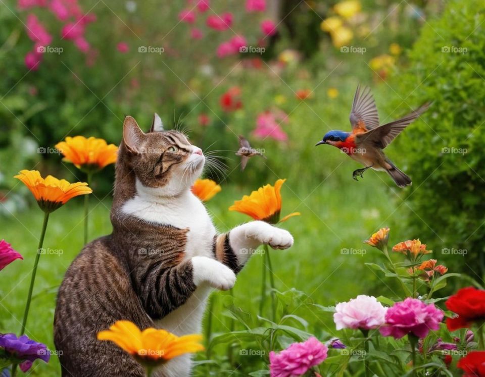 Cat playing with a little bird