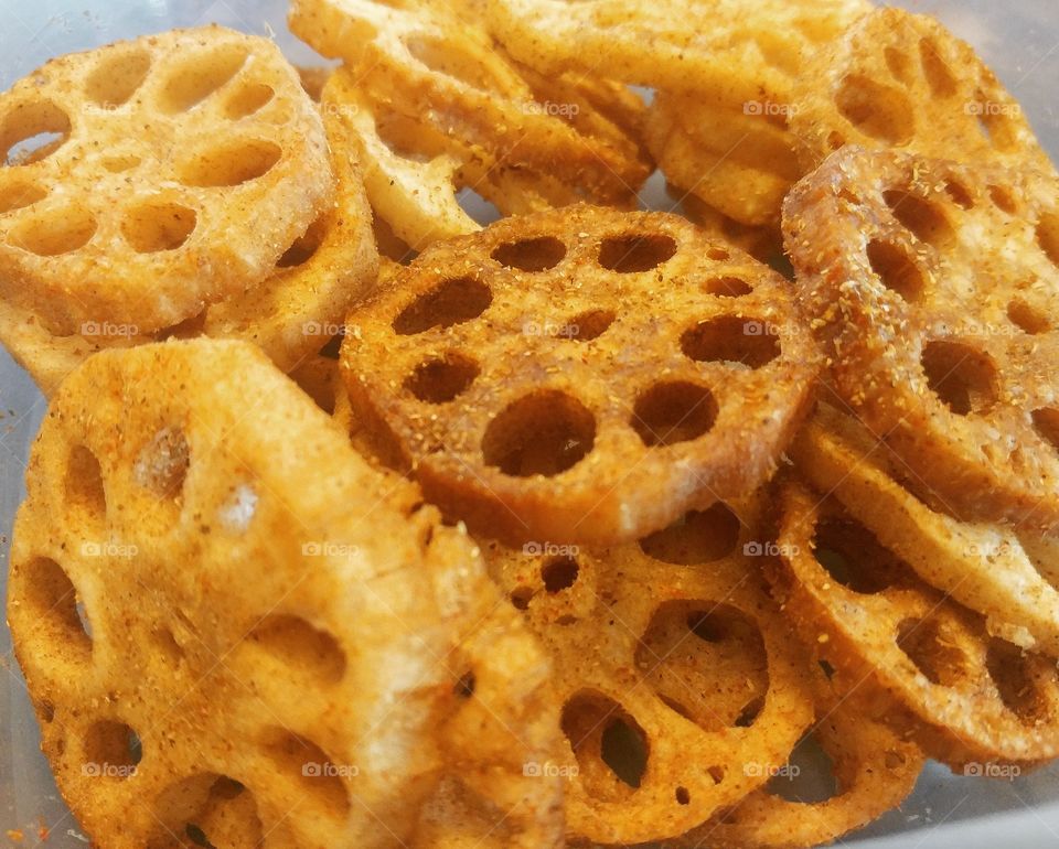 Fried lotus root chips with Indian spices