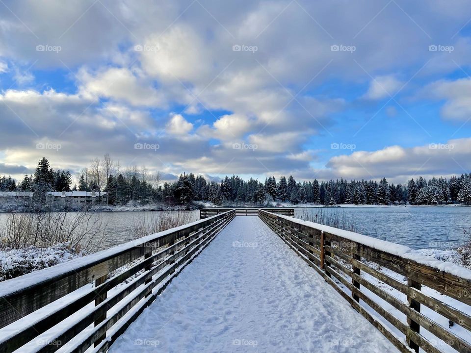 Snowy symmetric path to the lake at winter day