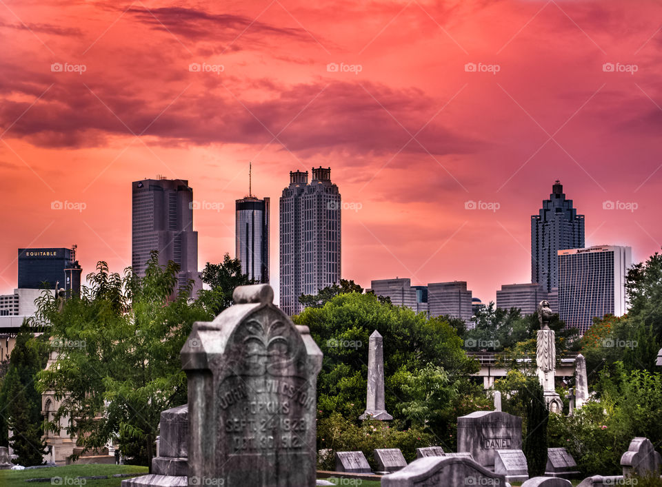 Sunset in Atlanta from Oakland Cemetery.