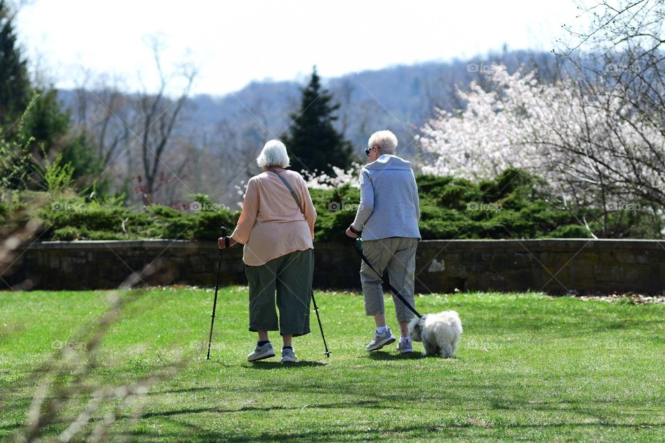 Two elderly women take a leisurely stroll through the Botanical Gardens of Ringwood state park in New Jersey with their cute cuddly canine friend.