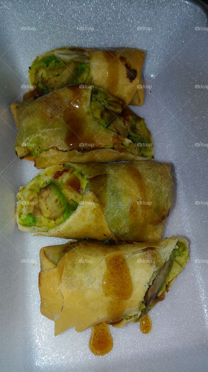 Take-out, avocado egg rolls