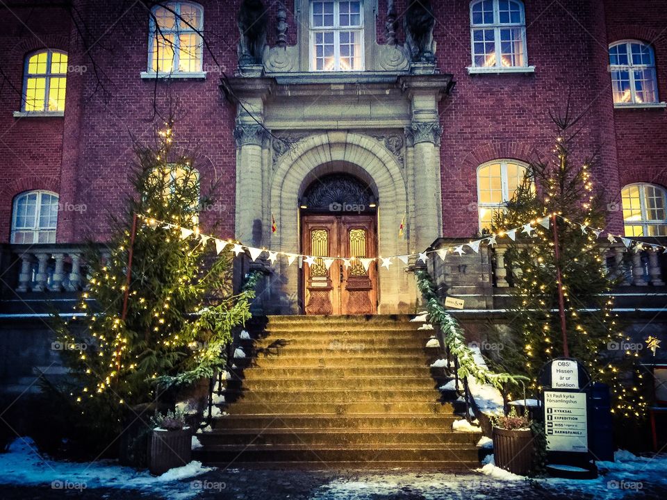 Facade of a bricked building in Christmas time 