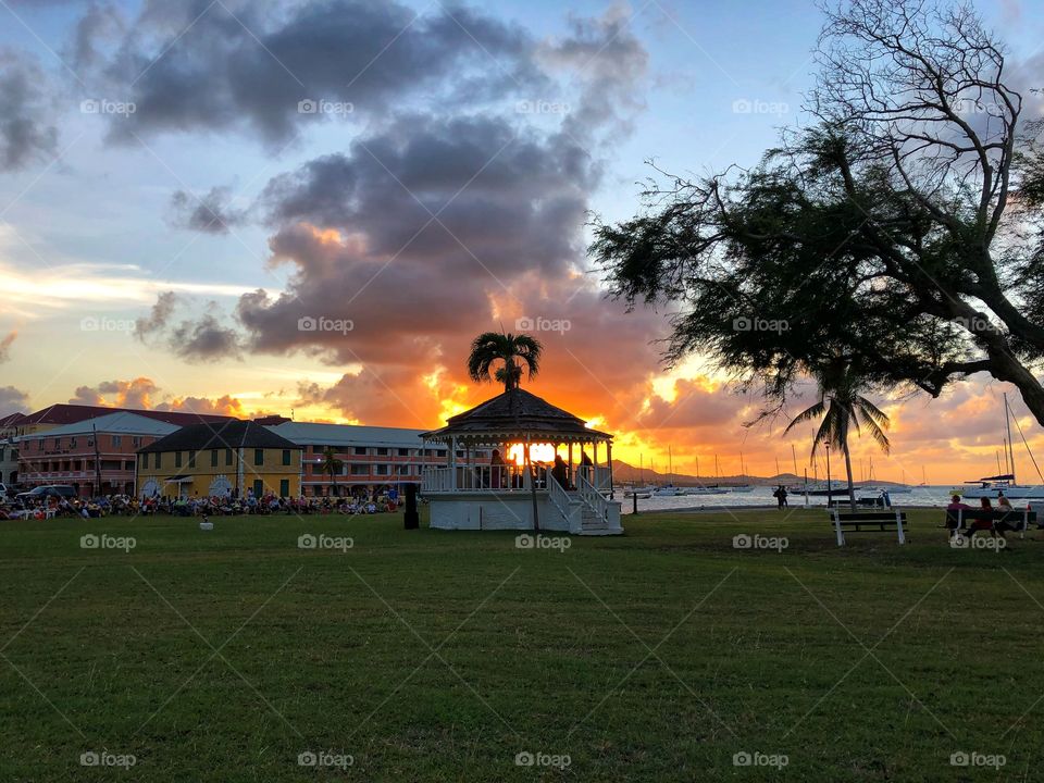 Caribbean park at sunset