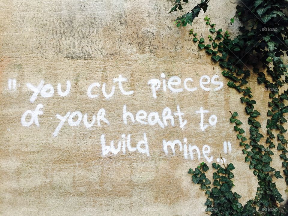Love qoute written on poison ivy wall-You cut pieces of your heart to build mine