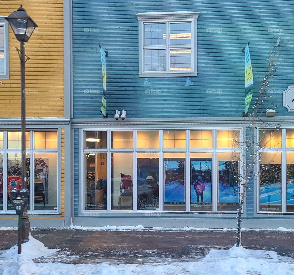 Winter storefront in a mountain town.