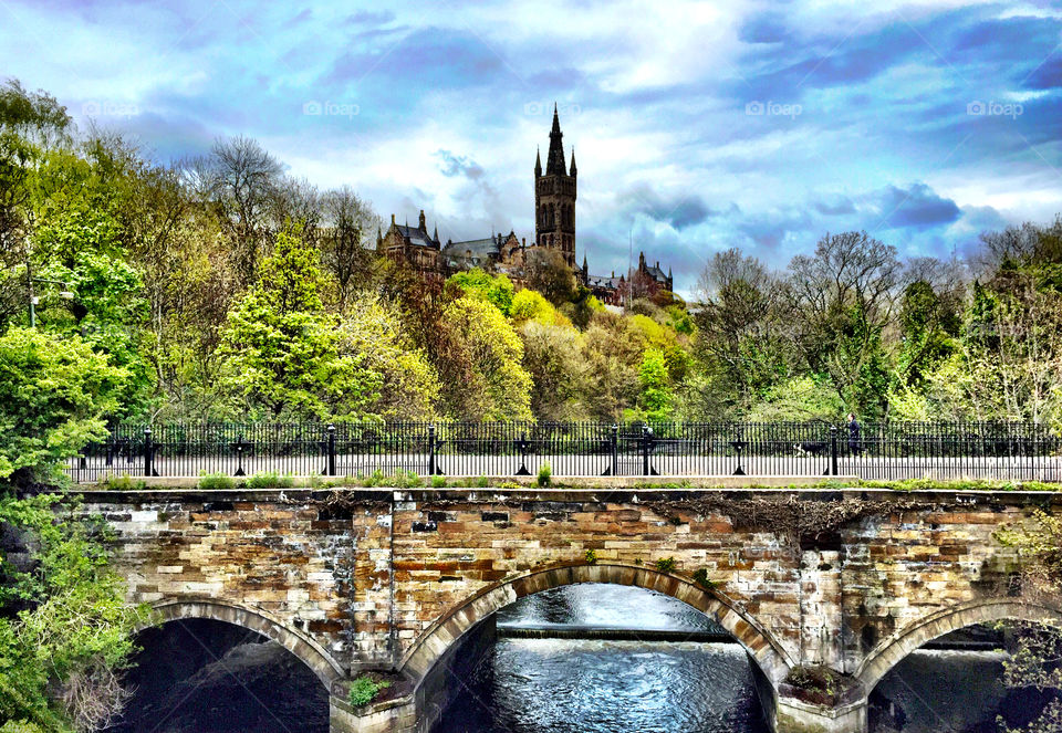 Glasgow University by the River Kelvin. Scenic view of Glasgow University by the River Kelvin