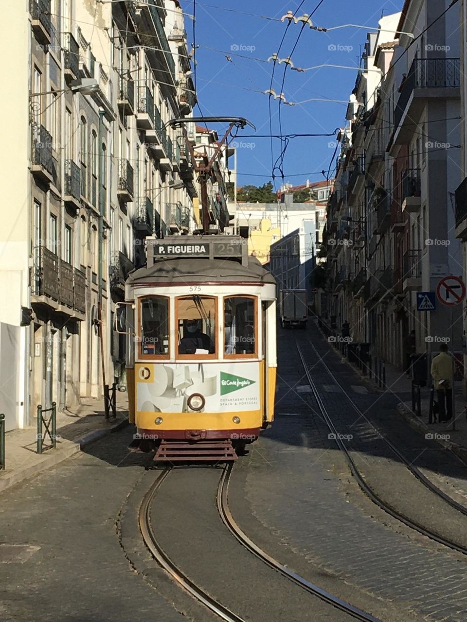 Yellow tramway cab in Lisboa street