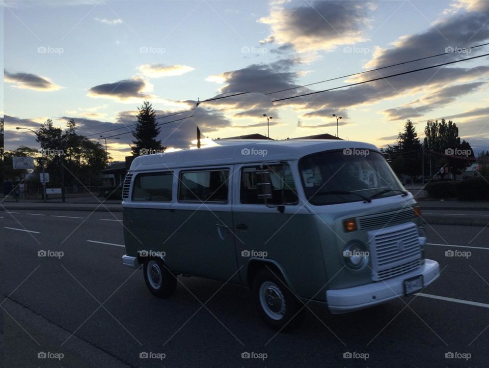 A vintage van on the road