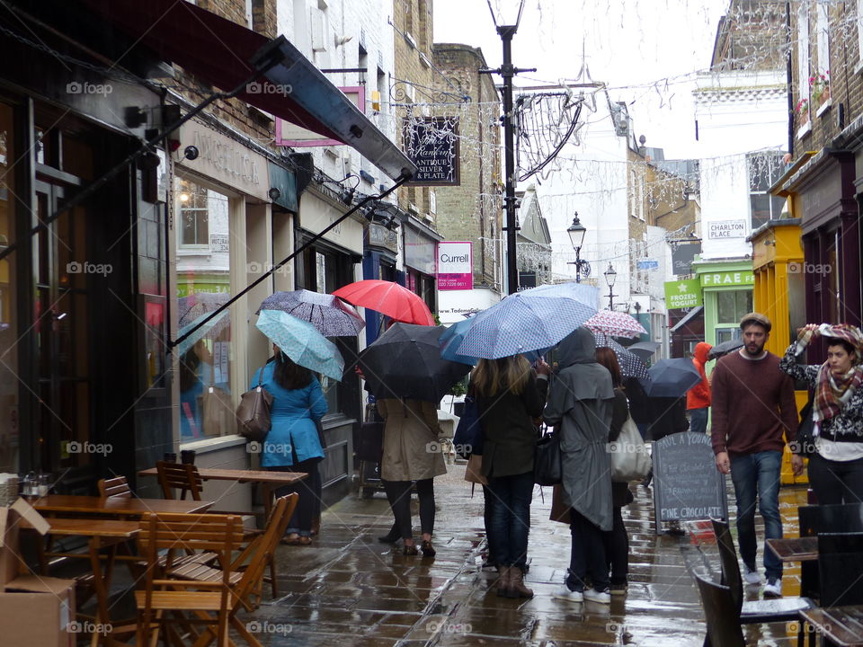 Camden Passage in London on a rainy day