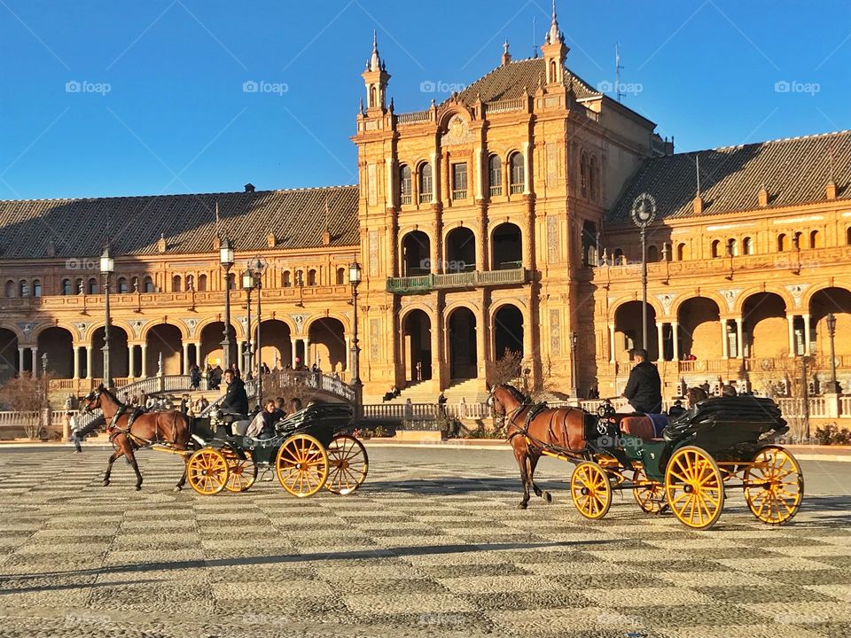 Horse chariot in front of a palace in Seville, Spain