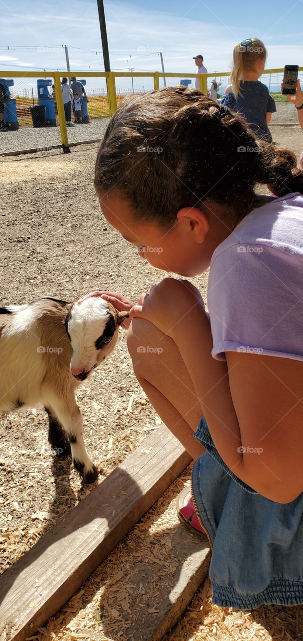 Girl petting goat