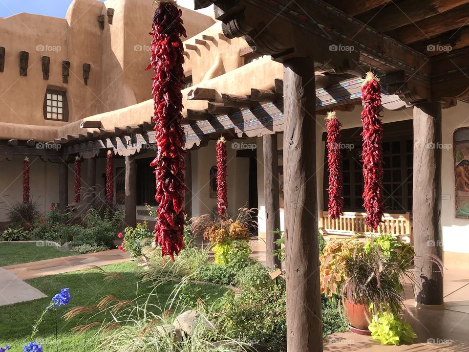 Courtyard in Santa Fe, New Mexico, with chilis