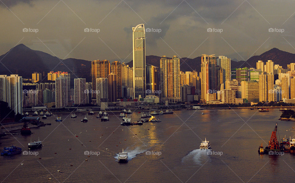 The exclusive view of Hong Kong . A postcard of Hong Kong in a beautiful sunset view 