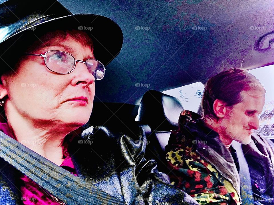 Securely buckled in I, “Petra Schiller” and partner “Timothy Trespas” are being chauffeured around from “Clinton Hill”, Brooklyn back to “Newtown Creek” in LIC, Queens. 2022. Hypnotic Productions