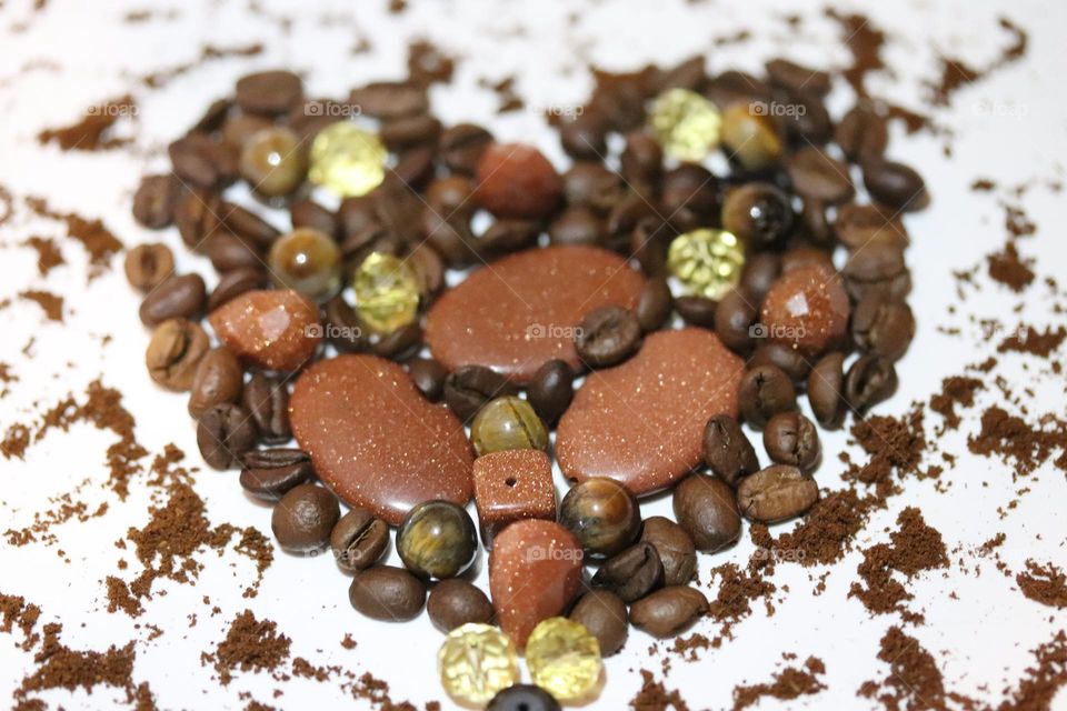 Semi-precious stones and coffee beans