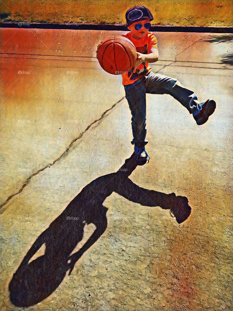Sketched style abstract of boy and his shadow with basketball in the street.