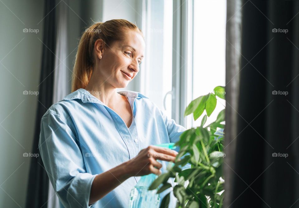 Young woman in blue shirt with spray with water in hands takes care of houseplant in room at home