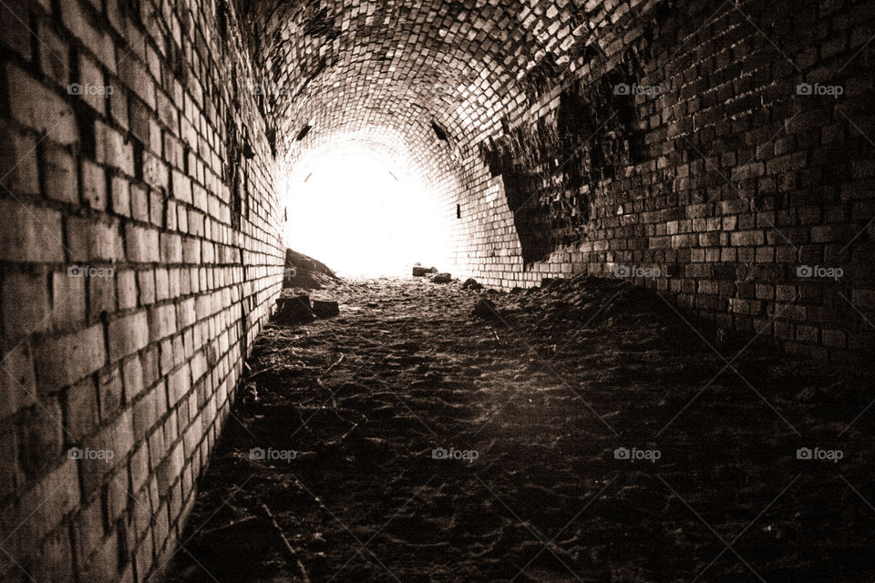 Sepia viev of the underground tunnel in old German factory of the synthetic gasoline