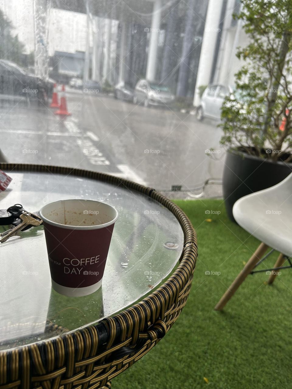 A cup coffee in rainy day