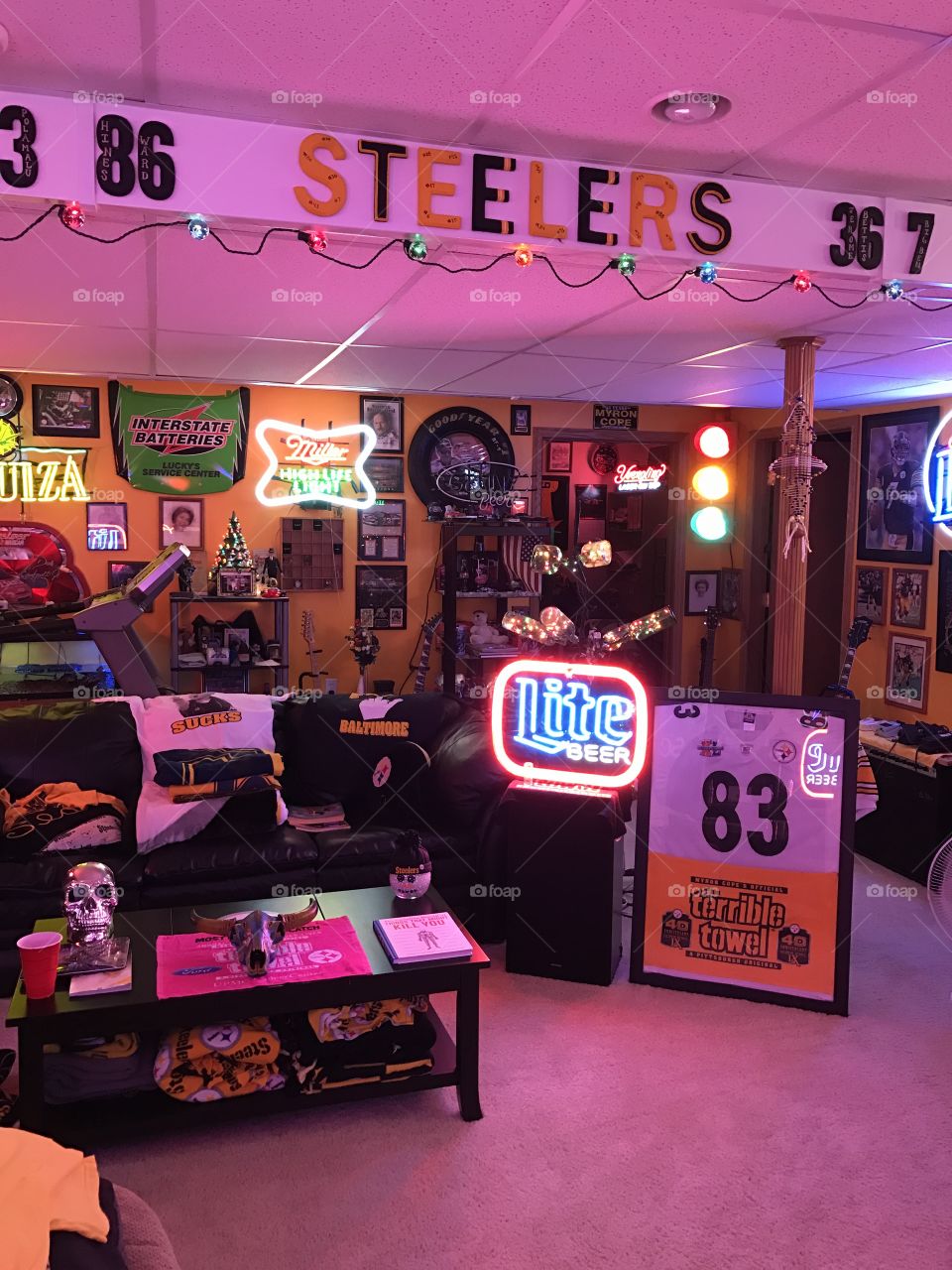 Photo of my father’s Pittsburgh Steelers man cave in our basement.