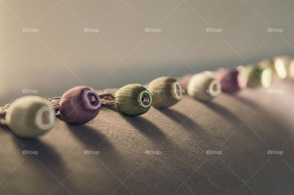 vintage fabric patterned bells on curtains