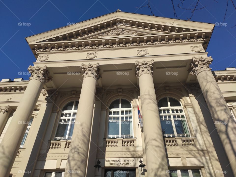 Greek style pillars at entrance to Carnegi library Belgrade Serbia