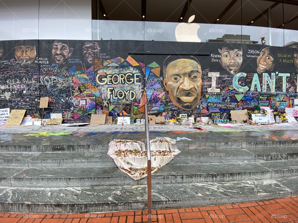 Memorial for George Floyd, Breonna Taylor, and others at the boarded-up Apple Store in downtown Portland, Oregon. 