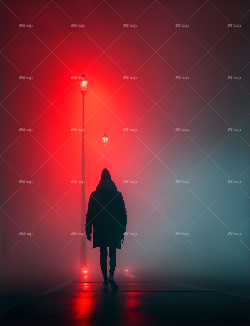 a person walking in the fog under a street light, Cinematography, concept photography
