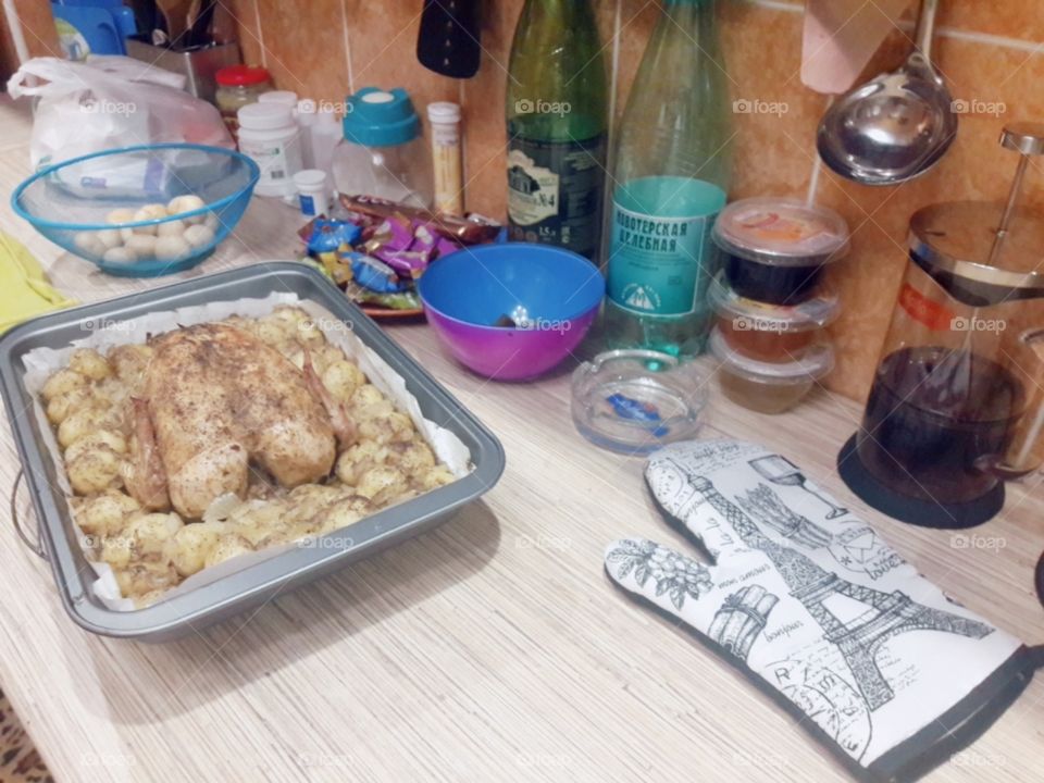 Food yummy served chicken kitchen view table day part tea time spicy